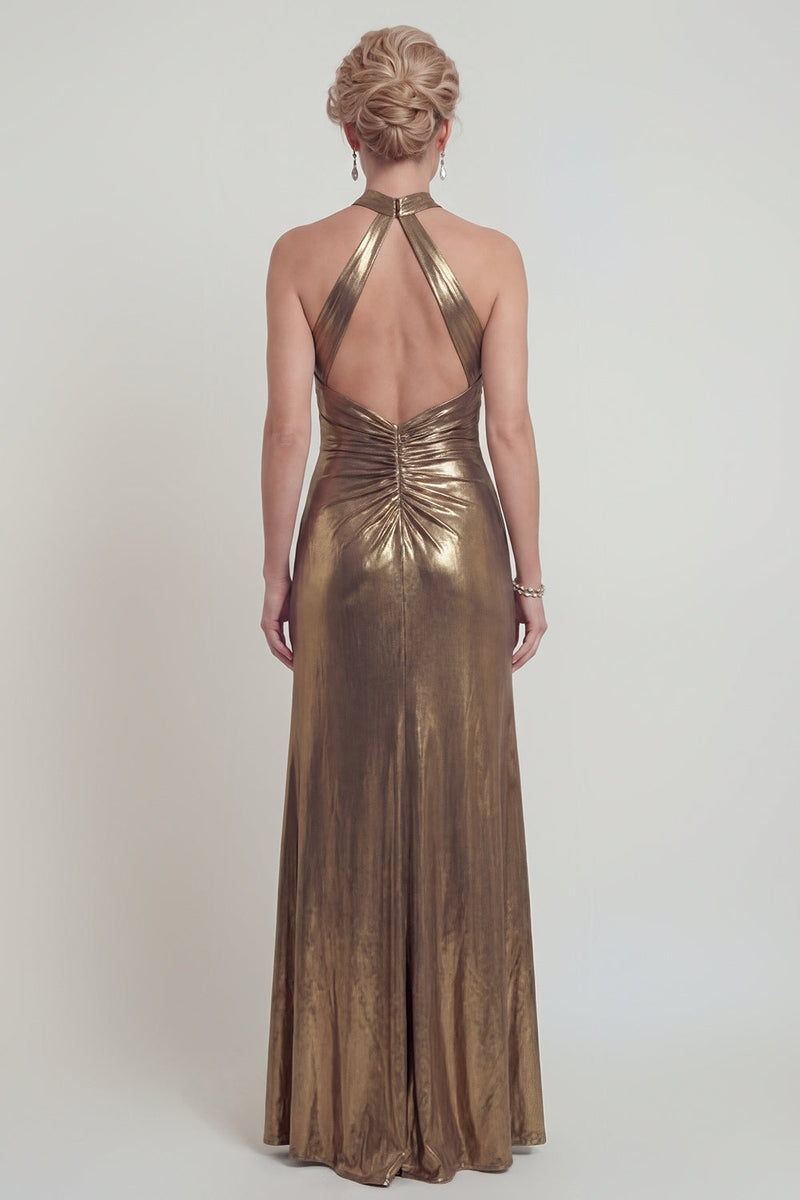 Load image into Gallery viewer, Golden Long Halter Metallic Mermaid Evening Dress