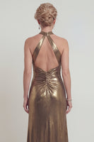 Load image into Gallery viewer, Golden Long Halter Metallic Mermaid Evening Dress