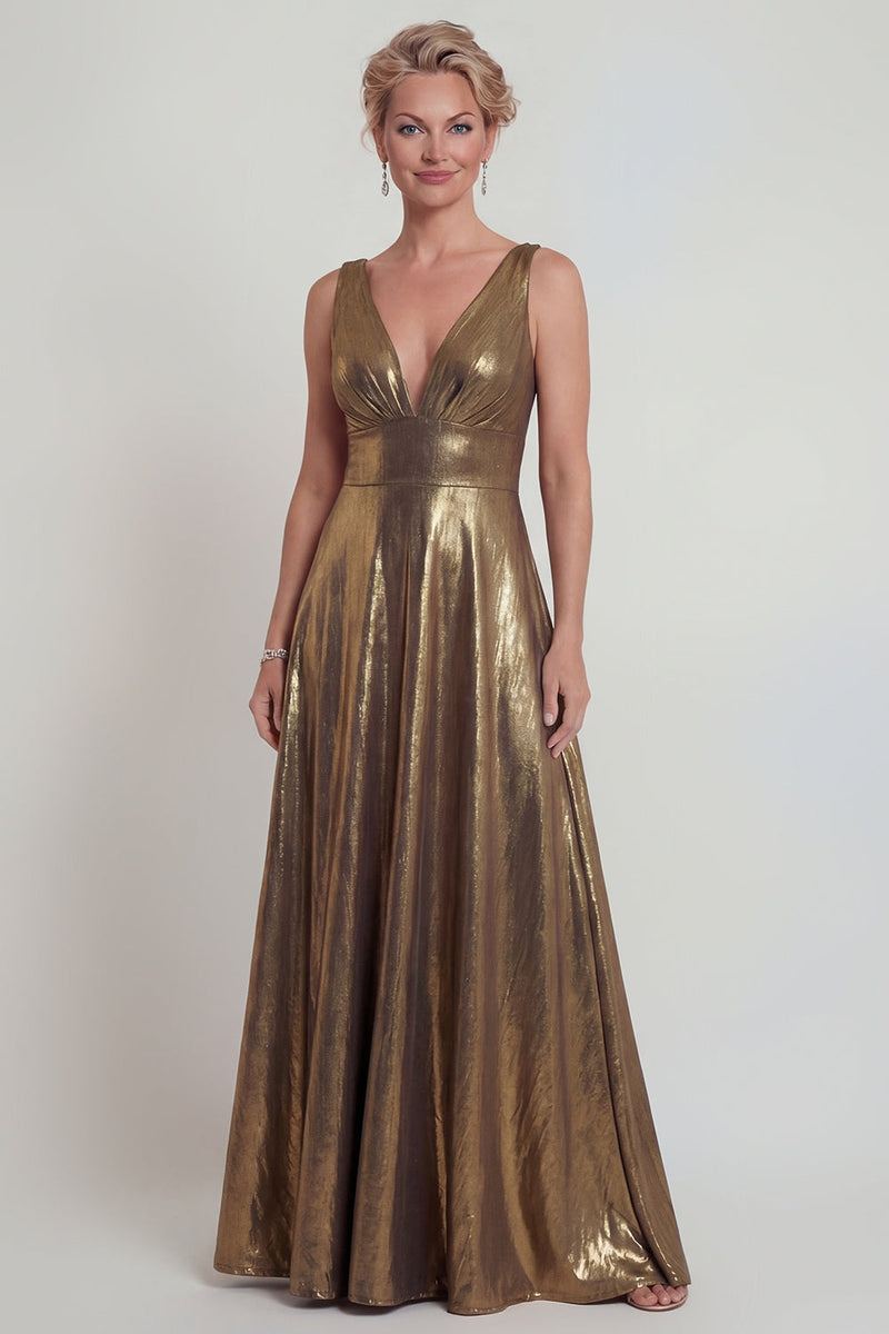 Load image into Gallery viewer, Golden V Neck A Line Long Evening Dress