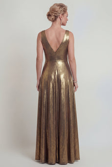 Golden V Neck A Line Long Evening Dress