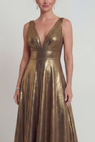 Load image into Gallery viewer, Golden V Neck A Line Long Evening Dress