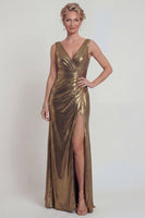 Load image into Gallery viewer, Golden Metallic V Neck Long Mermaid Evening Dress