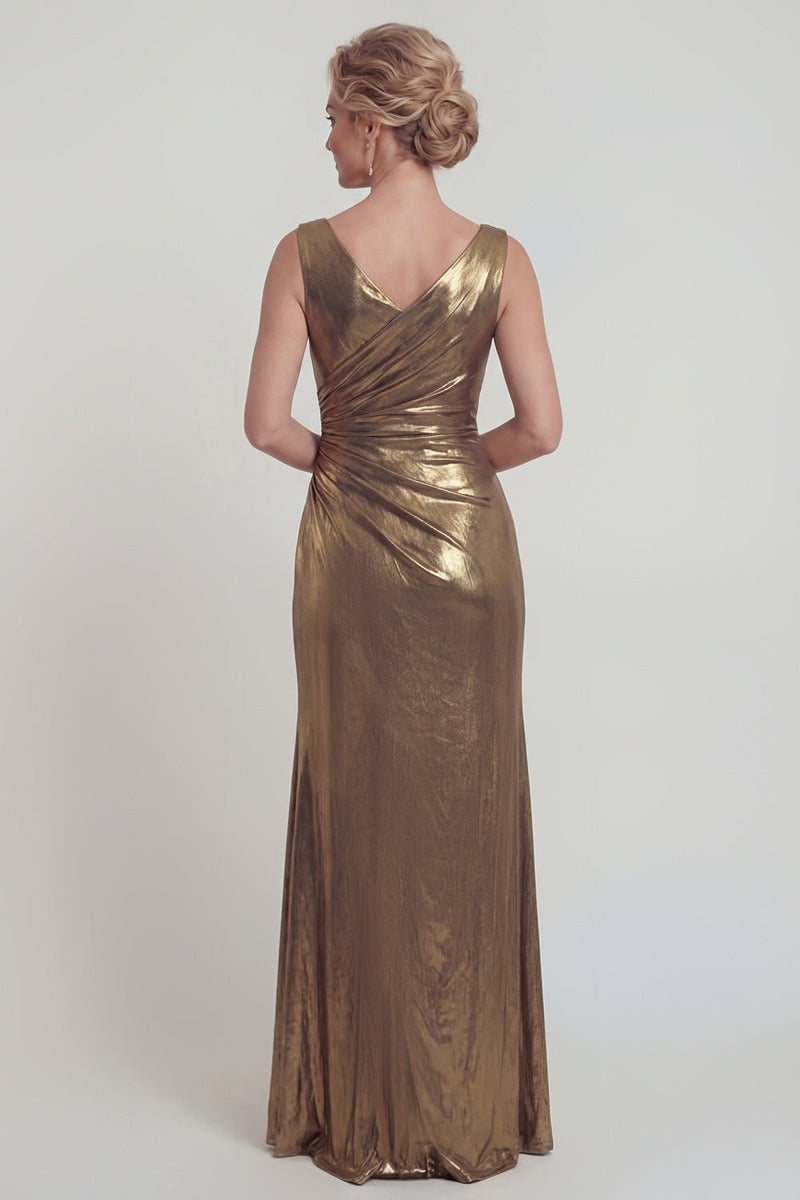 Load image into Gallery viewer, Golden Metallic V Neck Long Mermaid Evening Dress