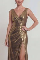 Load image into Gallery viewer, Golden Metallic V Neck Long Mermaid Evening Dress