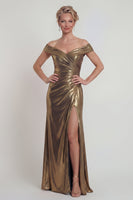 Load image into Gallery viewer, Golden Off the Shoulder Mermaid Metallic Long Evening Dress