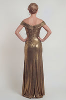 Load image into Gallery viewer, Golden Off the Shoulder Mermaid Metallic Long Evening Dress