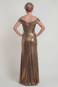 Golden Off the Shoulder Mermaid Metallic Long Evening Dress