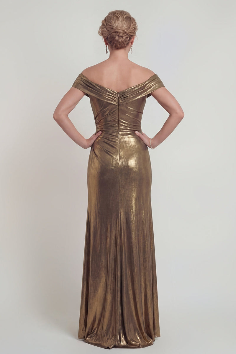 Load image into Gallery viewer, Golden Off the Shoulder Mermaid Metallic Long Evening Dress