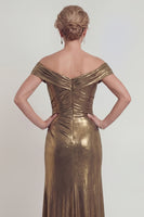 Load image into Gallery viewer, Golden Off the Shoulder Mermaid Metallic Long Evening Dress
