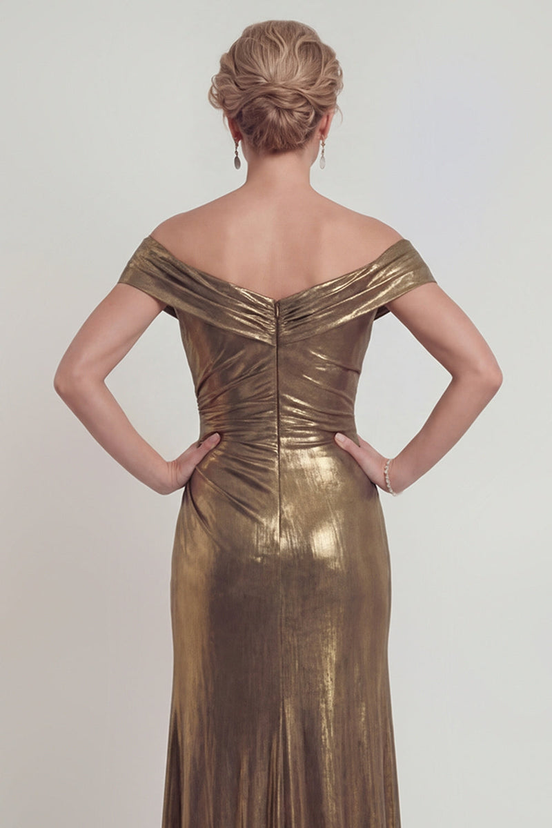 Load image into Gallery viewer, Golden Off the Shoulder Mermaid Metallic Long Evening Dress