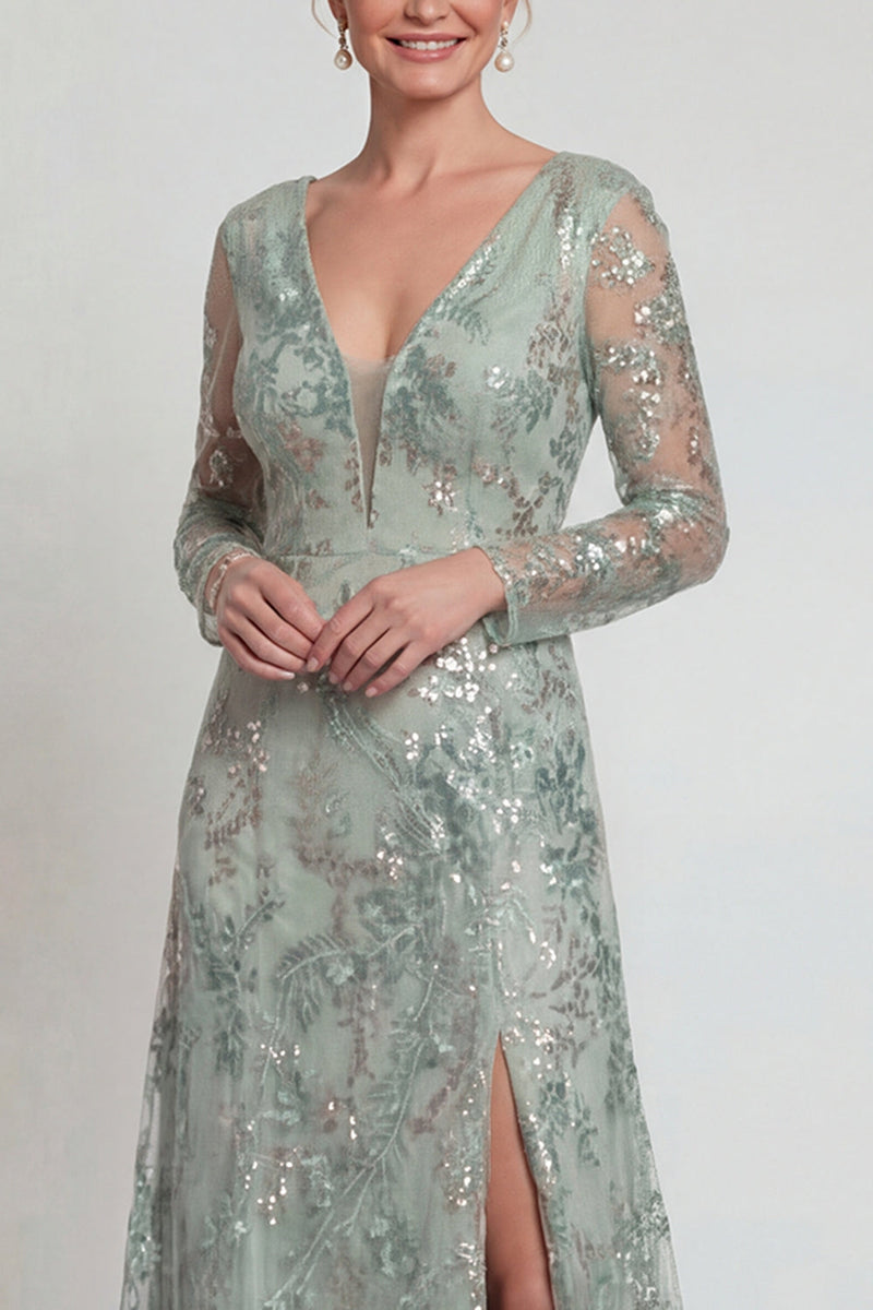 Load image into Gallery viewer, Sparkly Green Floral A Line Sequins Long Evening Dress with Slit