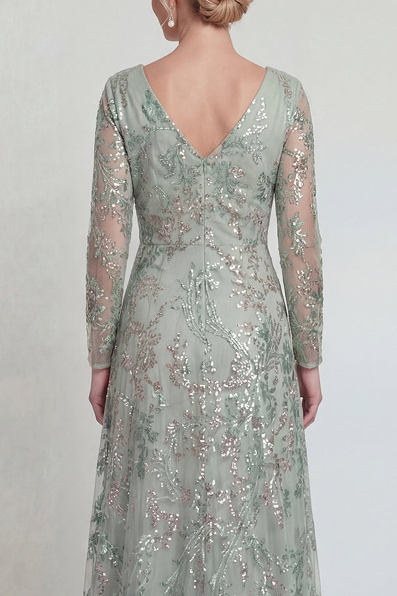 Load image into Gallery viewer, Sparkly Green Floral A Line Sequins Long Evening Dress with Slit