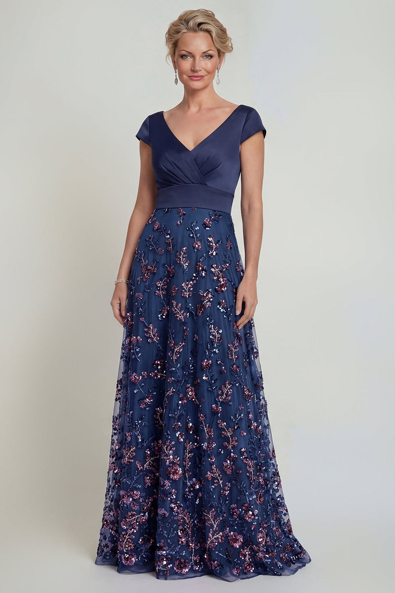 Load image into Gallery viewer, Sparkly Navy Floral Beaded Long A Line Evening Dress