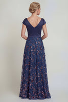 Load image into Gallery viewer, Sparkly Navy Floral Beaded Long A Line Evening Dress