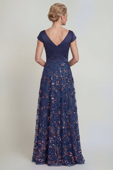 Sparkly Navy Floral Beaded Long A Line Evening Dress