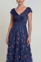 Load image into Gallery viewer, Sparkly Navy Floral Beaded Long A Line Evening Dress