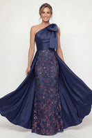 Load image into Gallery viewer, Sparkly Navy Mermaid Long Floral Evening Dress with Bow