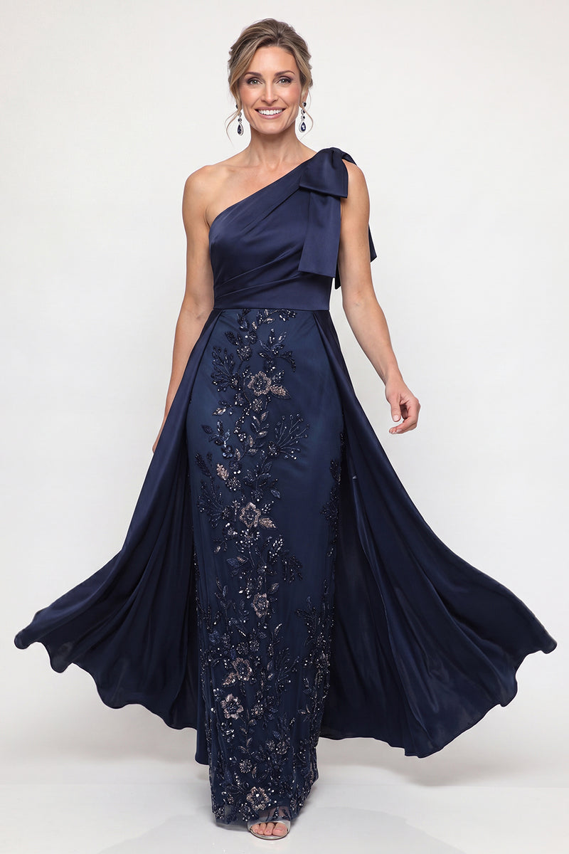 Load image into Gallery viewer, Sparkly Navy Mermaid Long Floral Evening Dress with Bow