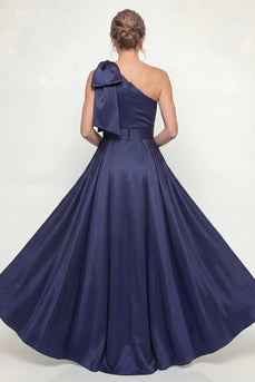 Sparkly Navy Mermaid Long Floral Evening Dress with Bow