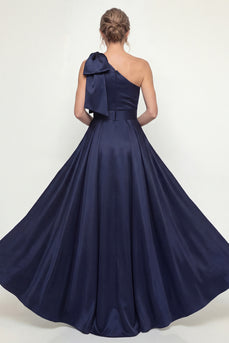 Sparkly Navy Mermaid Long Floral Evening Dress with Bow