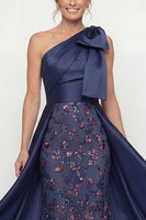Load image into Gallery viewer, Sparkly Navy Mermaid Long Floral Evening Dress with Bow