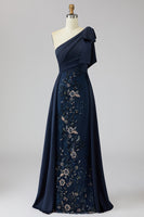 Load image into Gallery viewer, Sparkly Navy Mermaid Long Floral Evening Dress with Bow