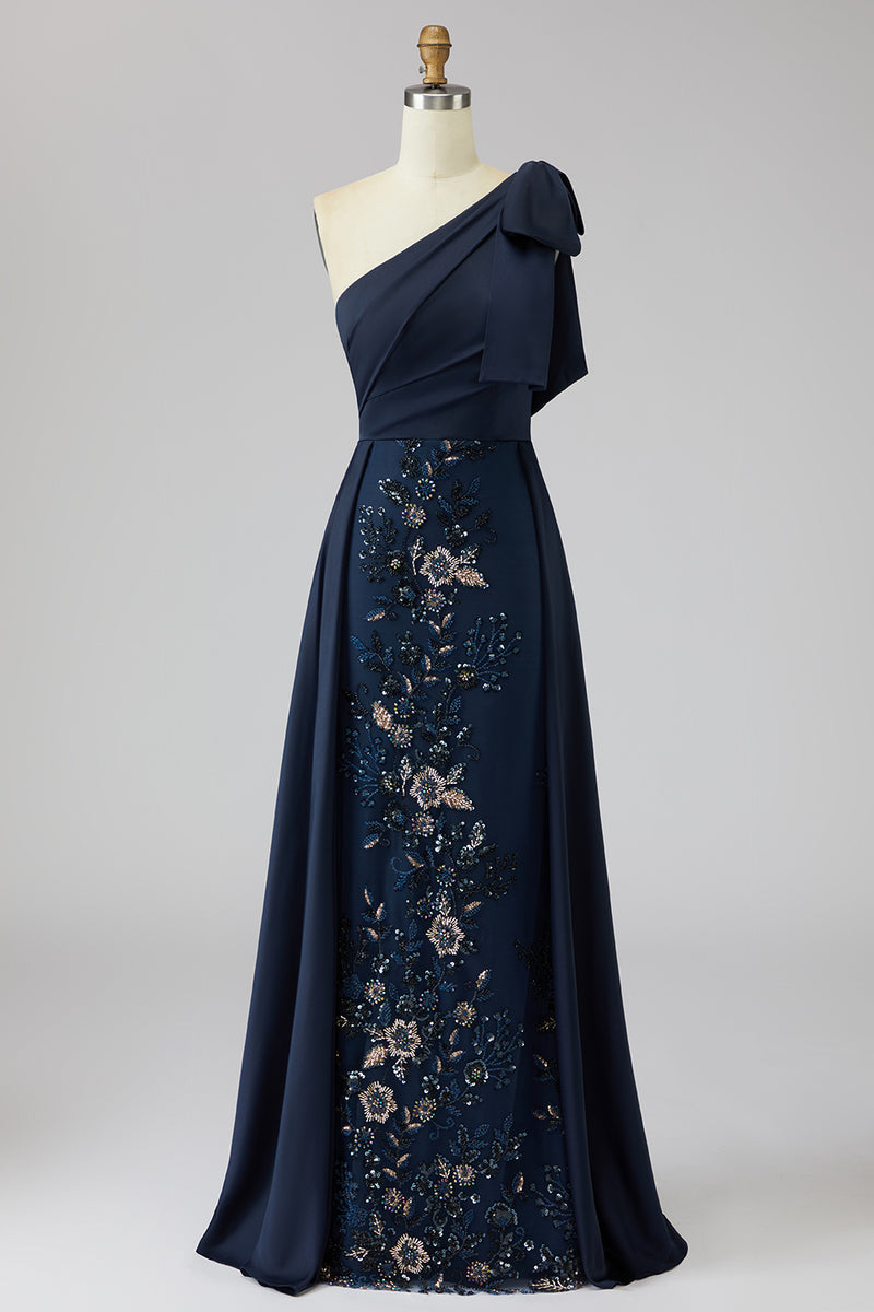 Load image into Gallery viewer, Sparkly Navy Mermaid Long Floral Evening Dress with Bow