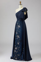 Load image into Gallery viewer, Sparkly Navy Mermaid Long Floral Evening Dress with Bow