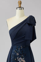 Load image into Gallery viewer, Sparkly Navy Mermaid Long Floral Evening Dress with Bow