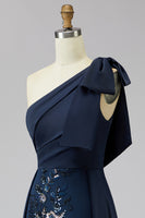 Load image into Gallery viewer, Sparkly Navy Mermaid Long Floral Evening Dress with Bow