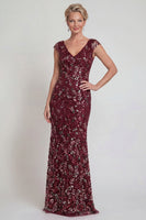 Load image into Gallery viewer, Sparkly Burgundy Floral Long Mermaid Evening Dress