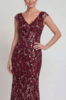 Load image into Gallery viewer, Sparkly Burgundy Floral Long Mermaid Evening Dress
