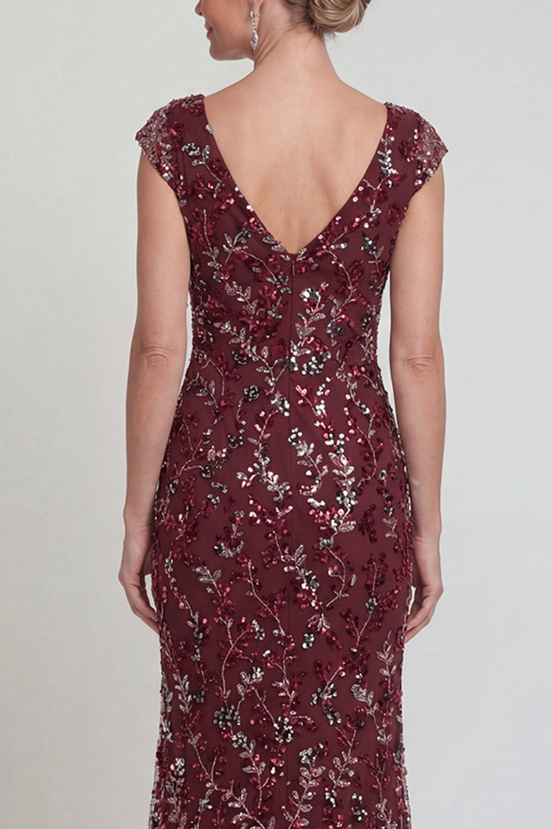 Load image into Gallery viewer, Sparkly Burgundy Floral Long Mermaid Evening Dress