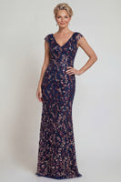 Load image into Gallery viewer, Sparkly Navy Floral Long Mermaid Evening Dress