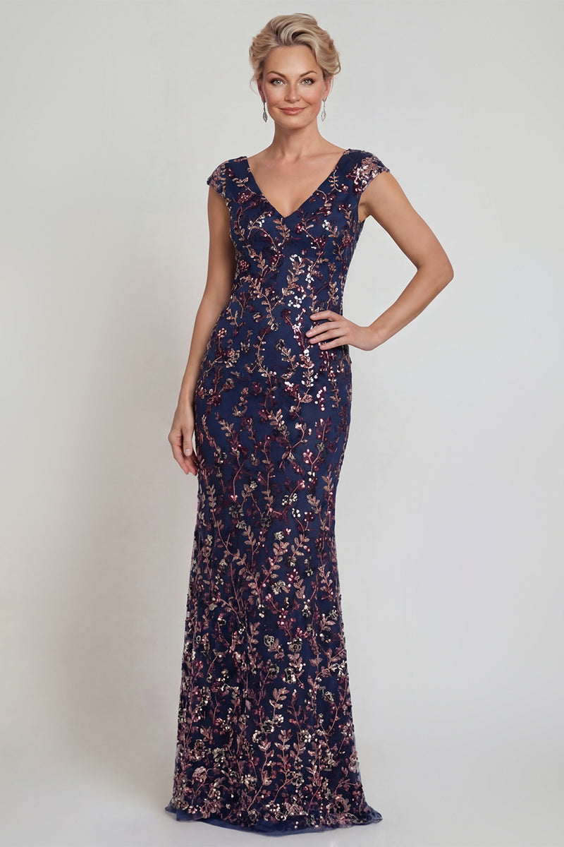 Load image into Gallery viewer, Sparkly Navy Floral Long Mermaid Evening Dress