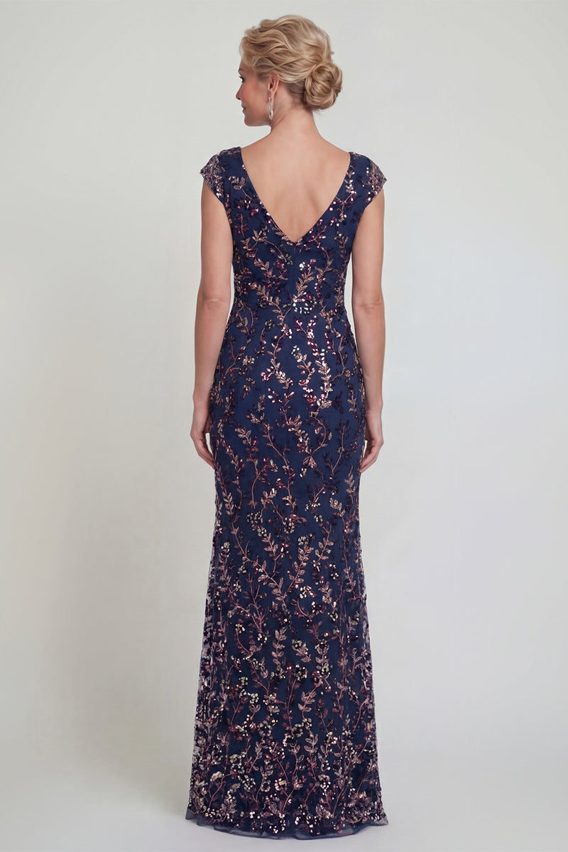 Load image into Gallery viewer, Sparkly Navy Floral Long Mermaid Evening Dress