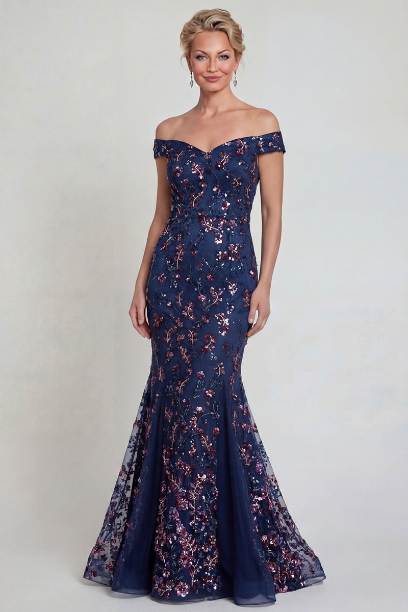 Load image into Gallery viewer, Sparkly Navy Long Floral Mermaid Lace Evening Dress