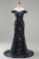 Load image into Gallery viewer, Sparkly Navy Long Floral Mermaid Lace Evening Dress