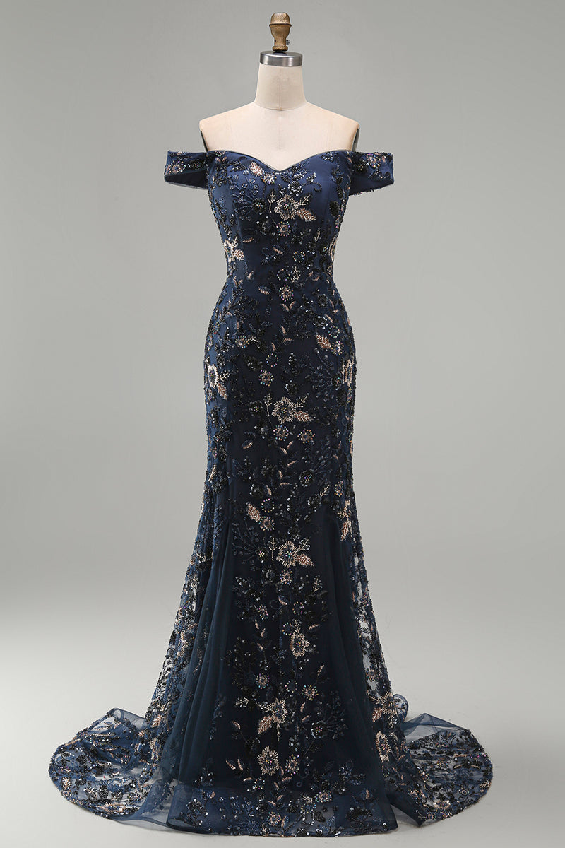Load image into Gallery viewer, Sparkly Navy Long Floral Mermaid Lace Evening Dress