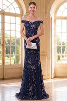 Load image into Gallery viewer, Sparkly Navy Long Floral Mermaid Lace Evening Dress