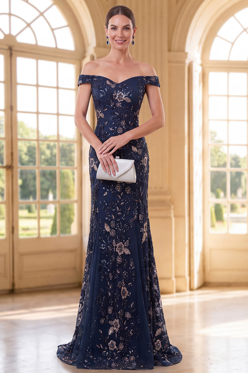 Load image into Gallery viewer, Sparkly Navy Long Floral Mermaid Lace Evening Dress