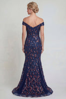 Load image into Gallery viewer, Sparkly Navy Long Floral Mermaid Lace Evening Dress