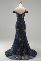 Load image into Gallery viewer, Sparkly Navy Long Floral Mermaid Lace Evening Dress
