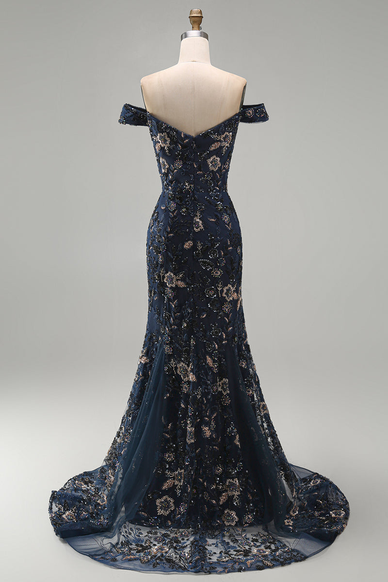 Load image into Gallery viewer, Sparkly Navy Long Floral Mermaid Lace Evening Dress