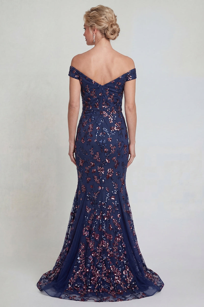 Load image into Gallery viewer, Sparkly Navy Long Floral Mermaid Lace Evening Dress