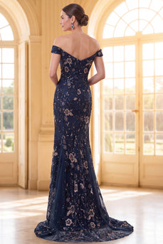 Sparkly Navy Long Floral Mermaid Lace Evening Dress