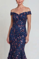 Load image into Gallery viewer, Sparkly Navy Long Floral Mermaid Lace Evening Dress