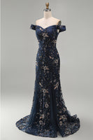 Load image into Gallery viewer, Sparkly Navy Long Floral Mermaid Lace Evening Dress