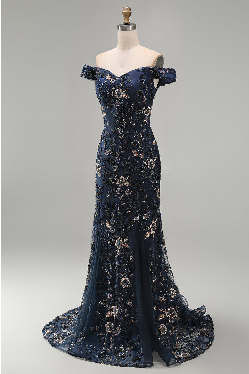 Load image into Gallery viewer, Sparkly Navy Long Floral Mermaid Lace Evening Dress