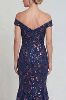 Load image into Gallery viewer, Sparkly Navy Long Floral Mermaid Lace Evening Dress